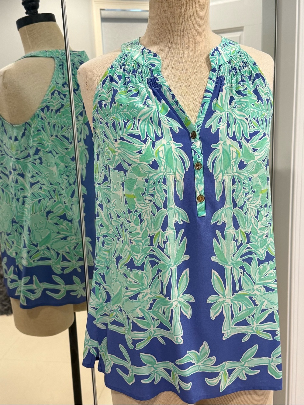 🐨 Lilly Pulitzer Blue & Mint Green Leaf-Print Sleeveless Silk Sleeveless Top XS